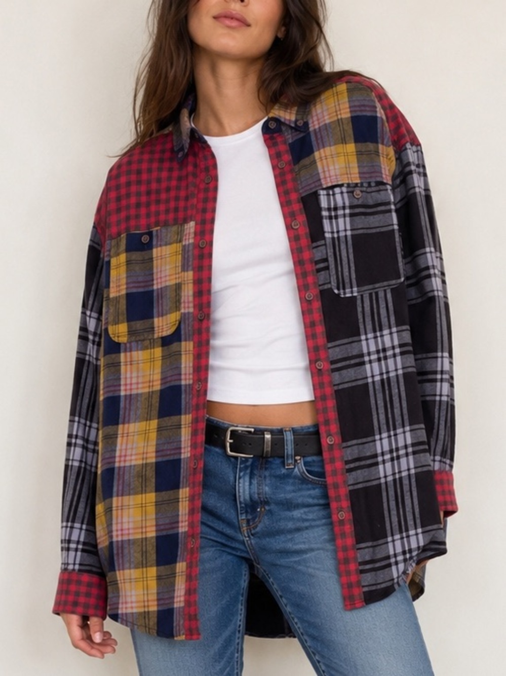 Urban Outfitters Oversized Patchwork Plaid Flannel Shirt (Size L)